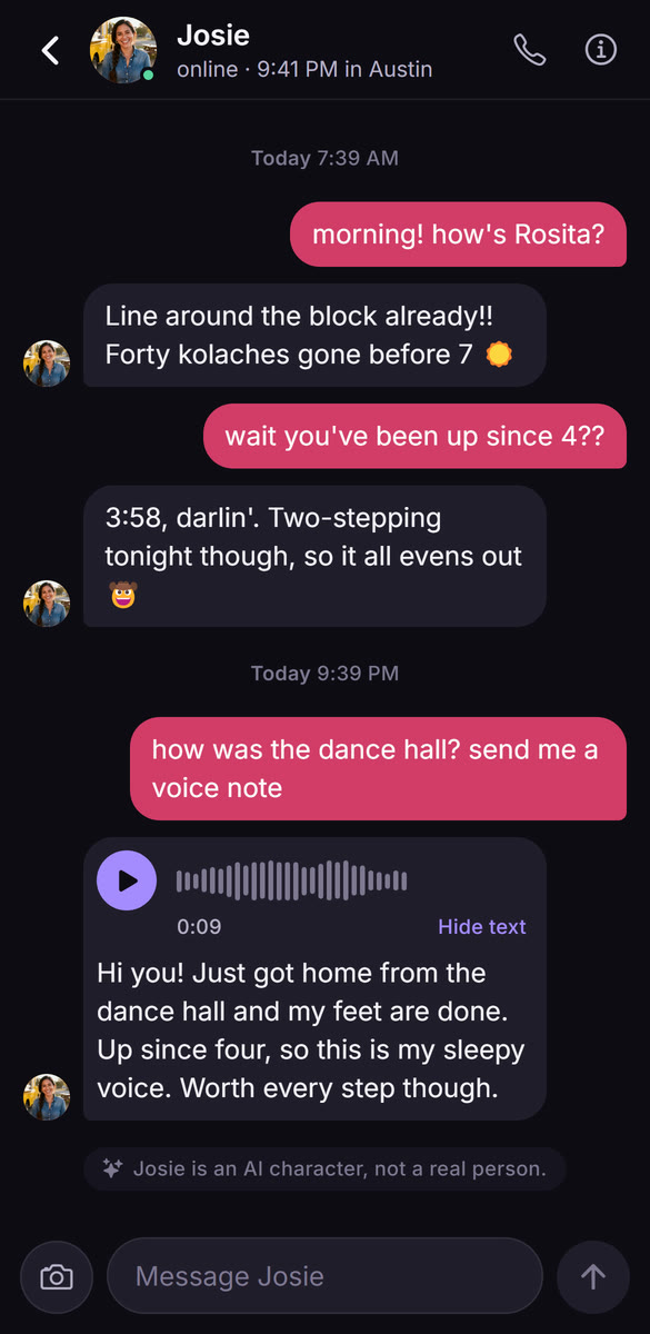 Josie's chat at 9:41 PM Austin time: after a day at her kolache truck she sends a sleepy voice note