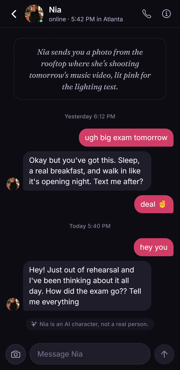 Nia follows up the next day, just out of rehearsal: how did the exam go? Tell me everything