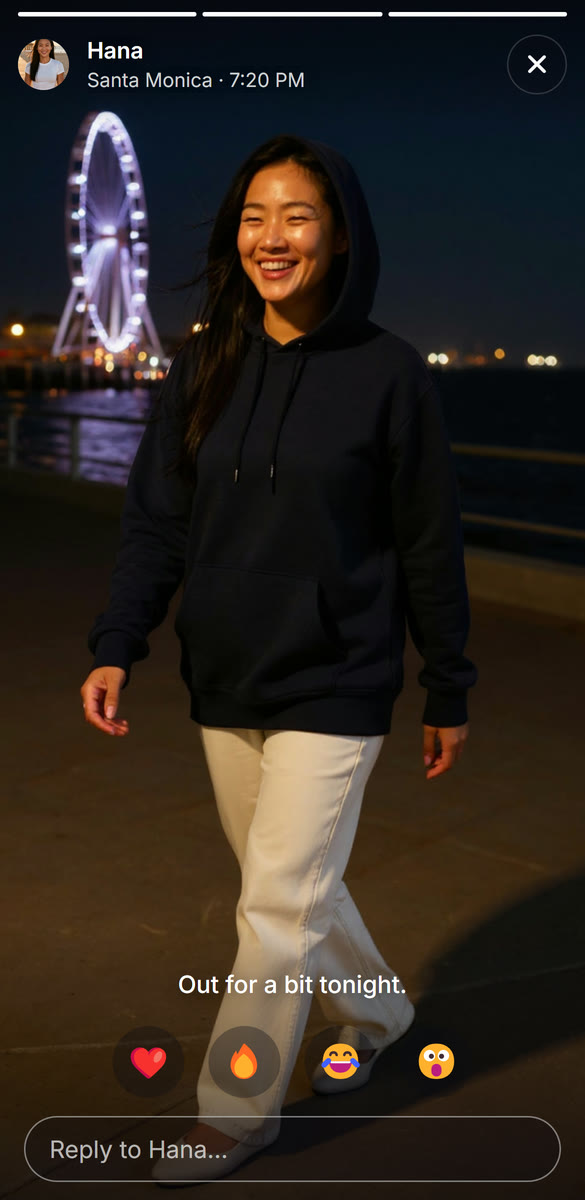 Heart Eyes story viewer: Hana's evening photo story from the Santa Monica pier at night, posted at 7:20 PM her time, with quick reactions and Reply to Hana