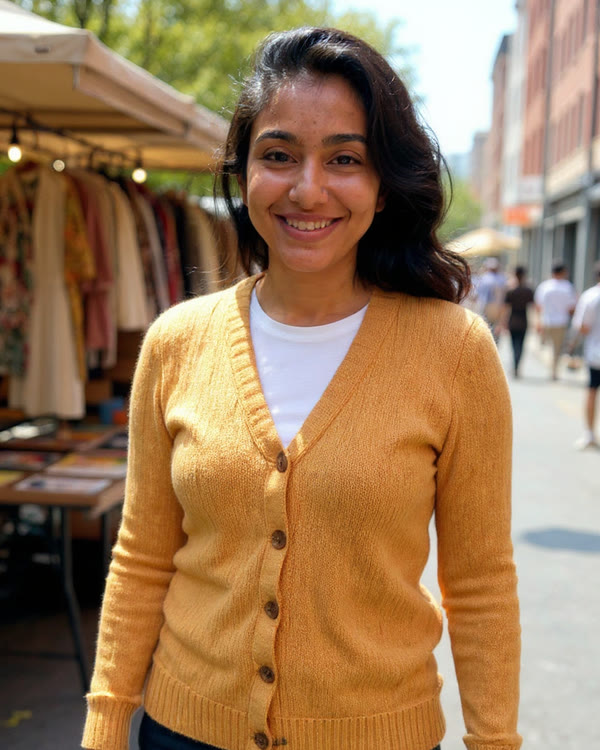 Anika, an AI character, smiling in a mustard cardigan at a Brooklyn flea market
