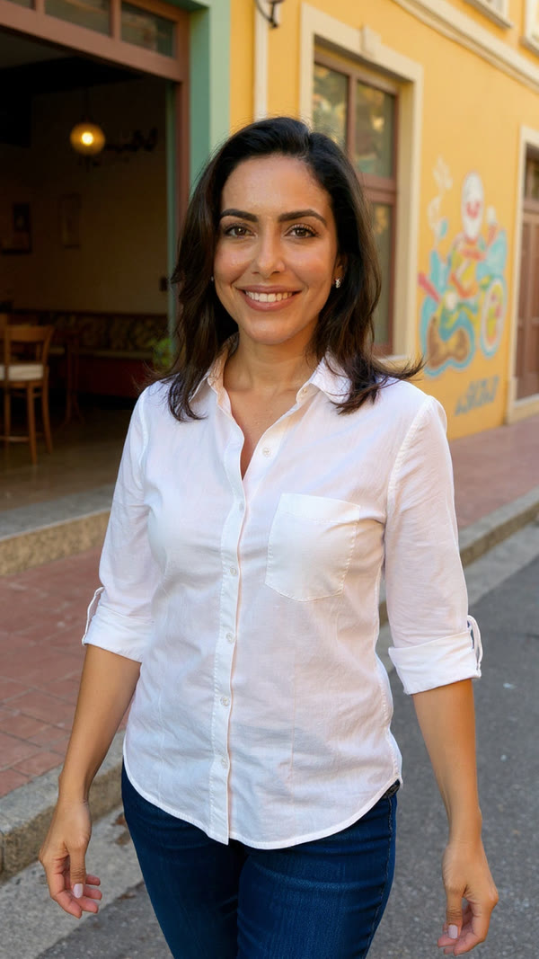 Marisol, an AI character, in a white guayabera by a walk-up coffee window on Calle Ocho in Miami